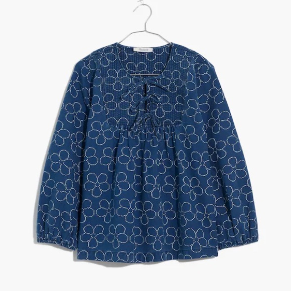 Madewell Quilted Tie-Front Bib Top - Blue - Size Small